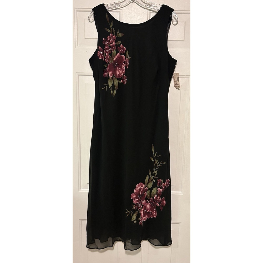 Dressbarn Womens 16W‎ Black Floral Sequin Chiffon Midi Dress Cowl Back New